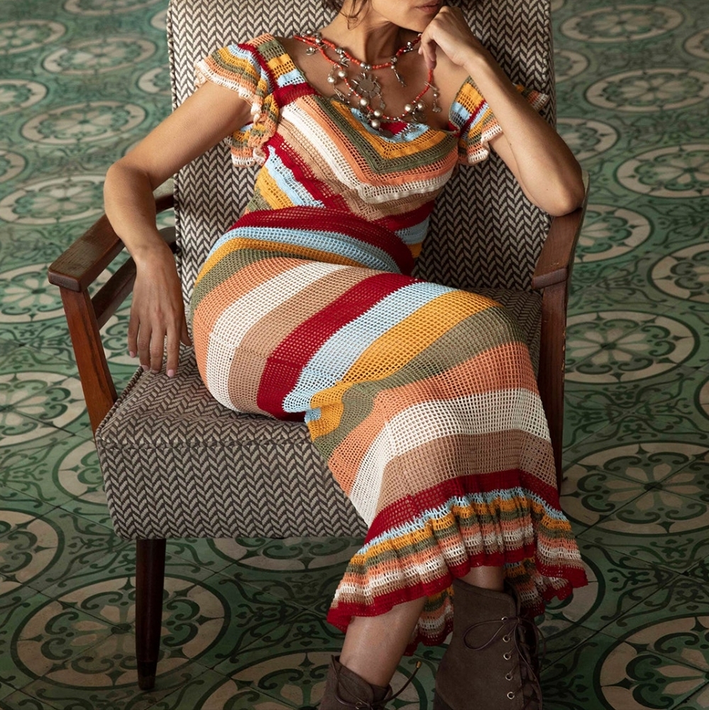 NEW Carolina K Multicolor Stripe Handmade Paradise Crochet Dress L
